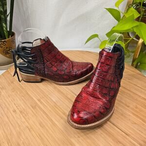 Freebird by Steven Jojo Red Black Croc Leather Strappy Ankle Boots Women 7